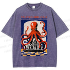 Unisex Chessboard Octopus Printed Washed Tee