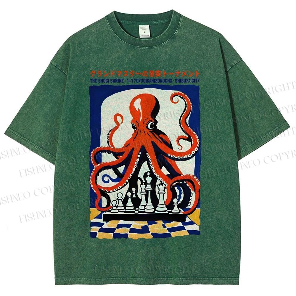 Unisex Chessboard Octopus Printed Washed Tee