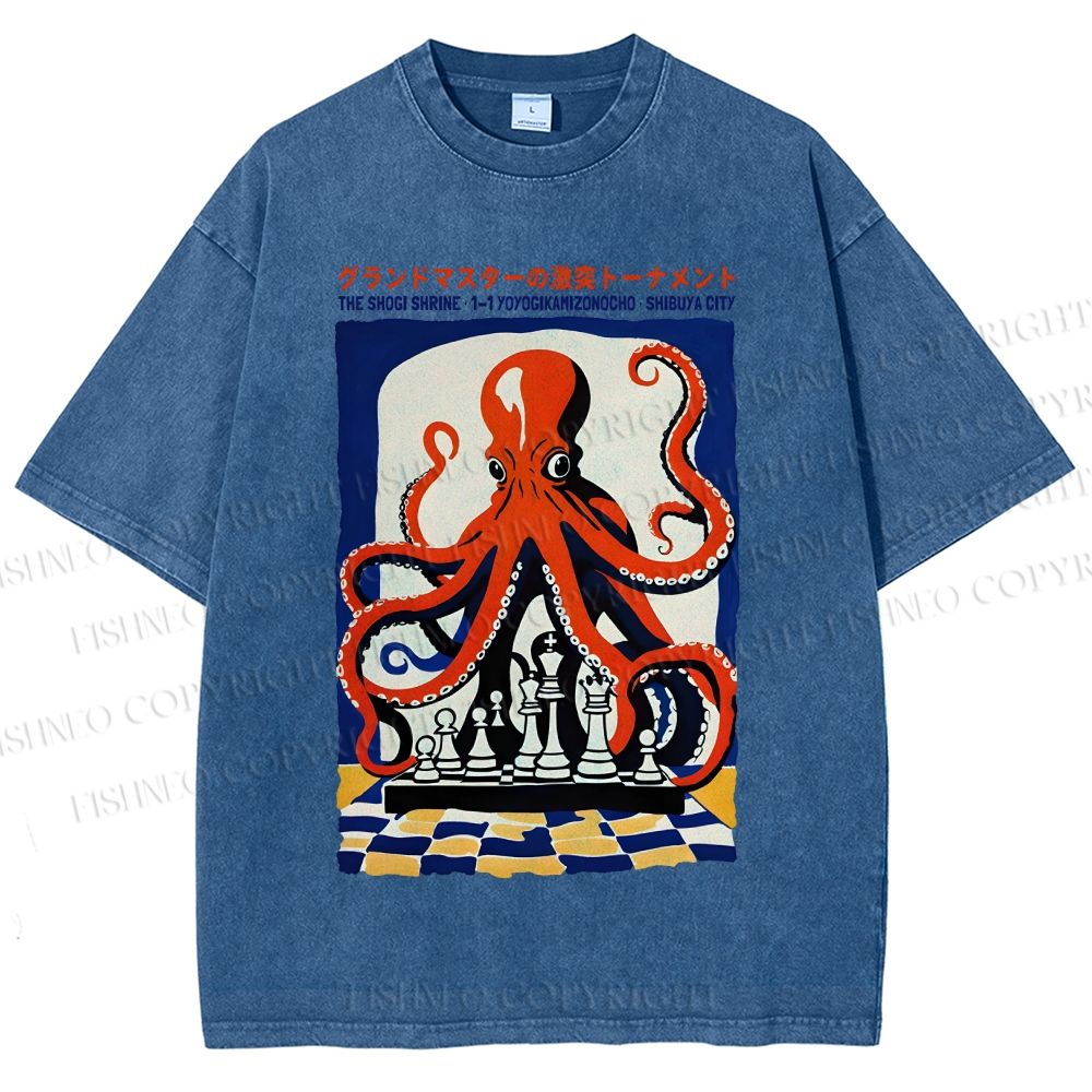 Unisex Chessboard Octopus Printed Washed Tee