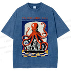 Unisex Chessboard Octopus Printed Washed Tee