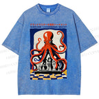 Unisex Chessboard Octopus Printed Washed Tee