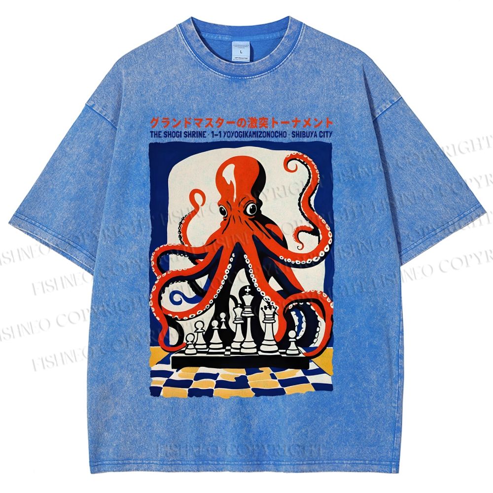 Unisex Chessboard Octopus Printed Washed Tee