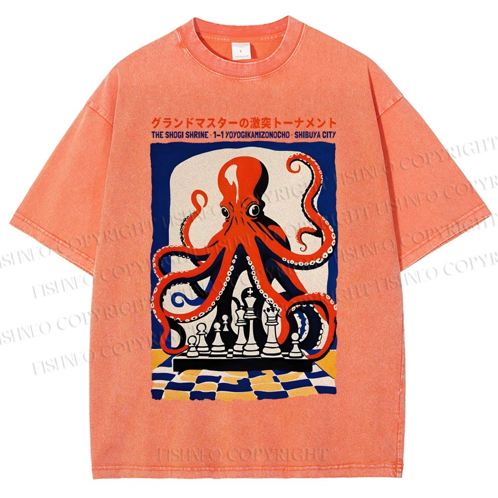 Unisex Chessboard Octopus Printed Washed Tee
