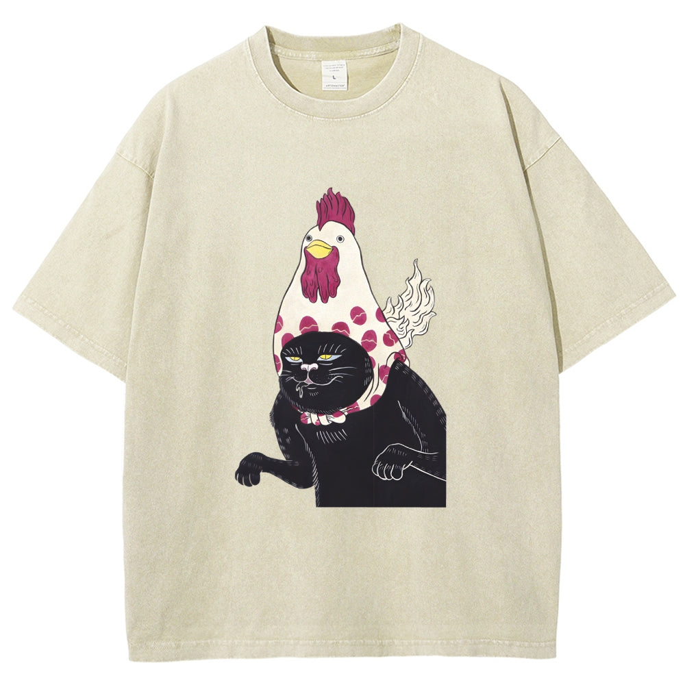 Cat with Chicken Head Print Washed T-Shirt