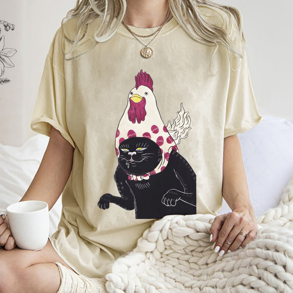 Cat with Chicken Head Print Washed T-Shirt