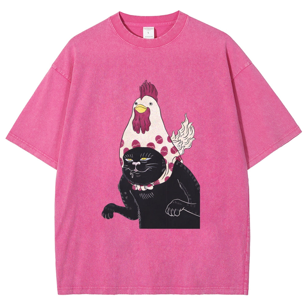 Cat with Chicken Head Print Washed T-Shirt