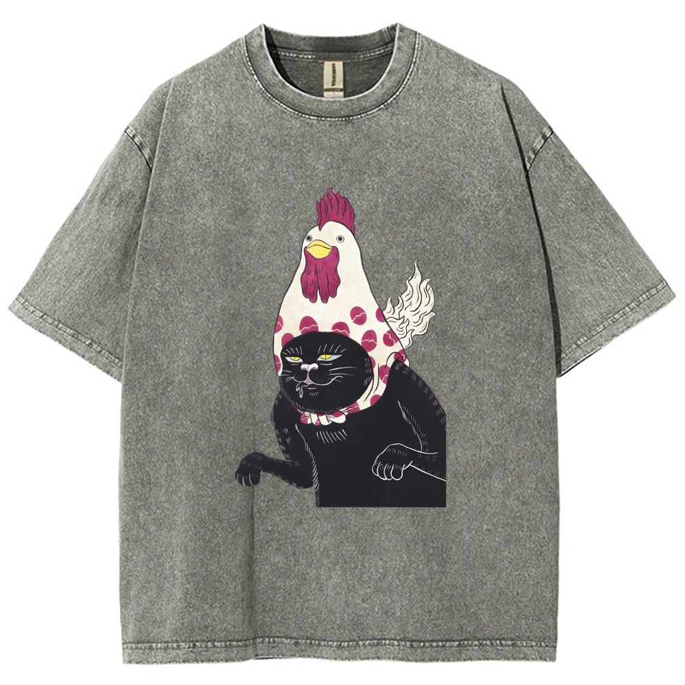 Cat with Chicken Head Print Washed T-Shirt