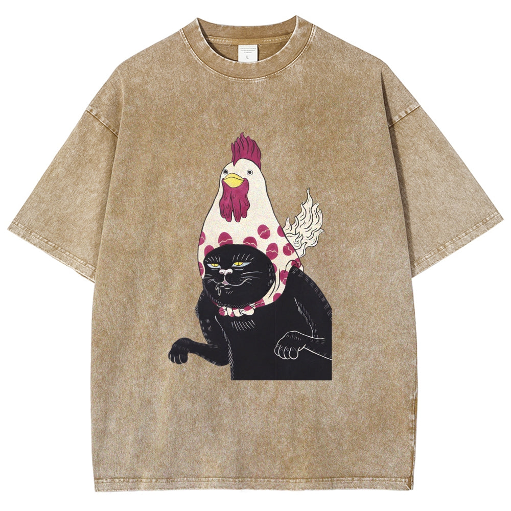 Cat with Chicken Head Print Washed T-Shirt