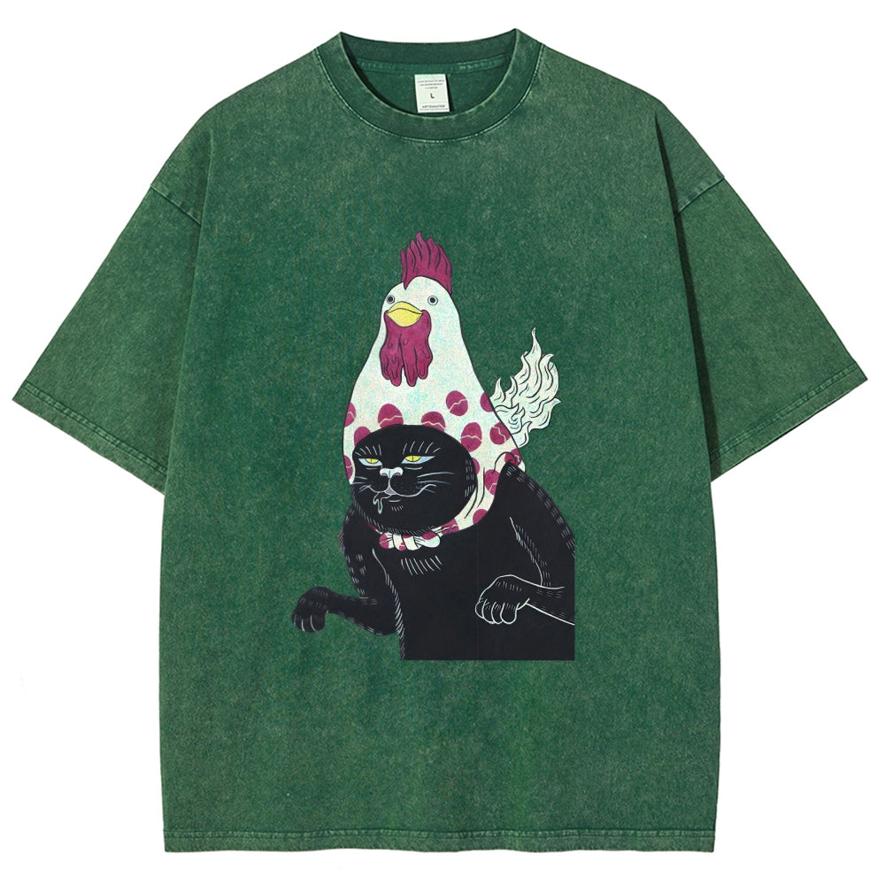 Cat with Chicken Head Print Washed T-Shirt