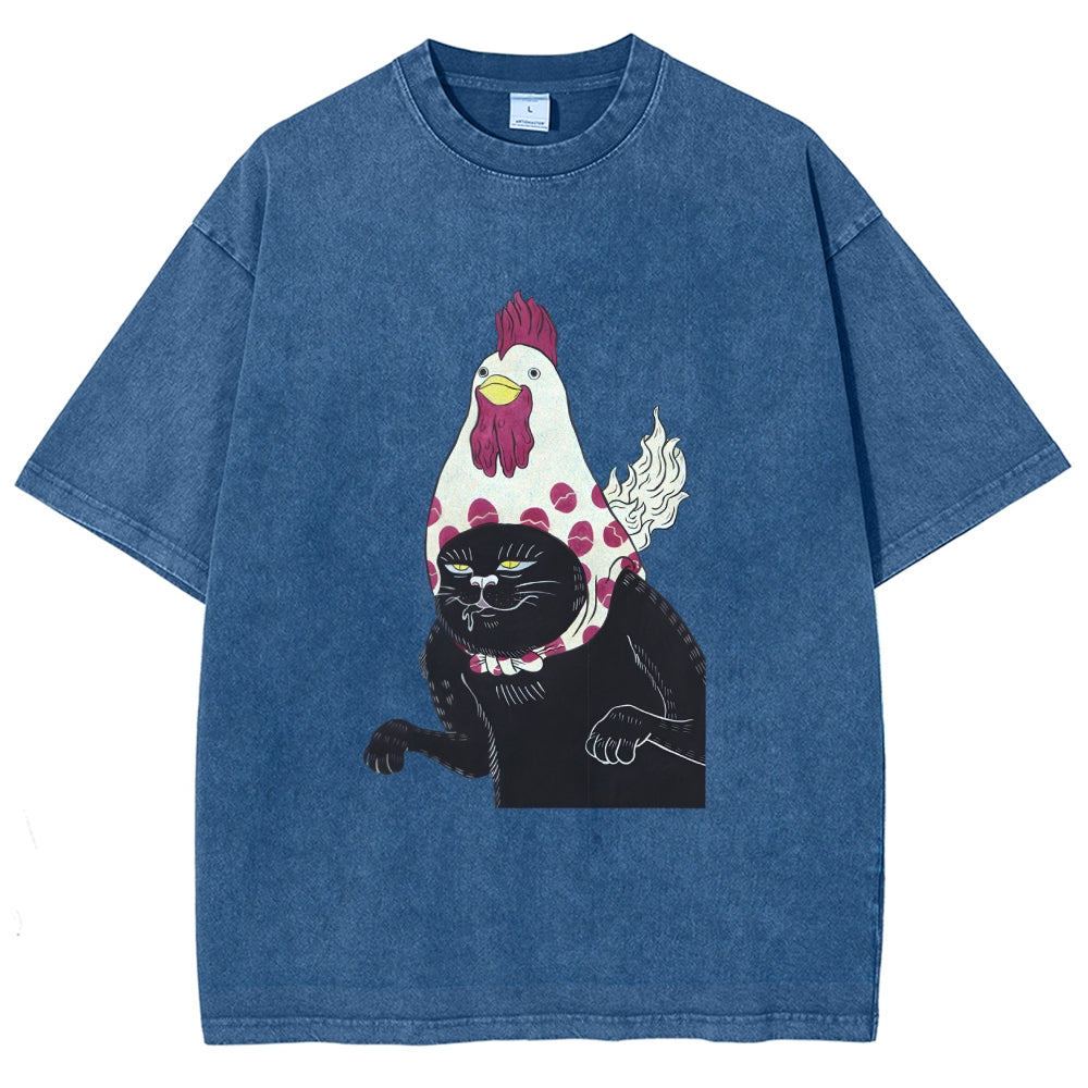 Cat with Chicken Head Print Washed T-Shirt