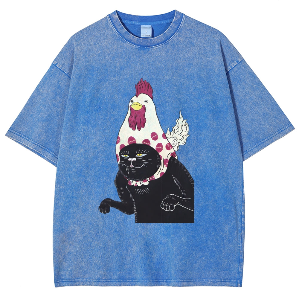 Cat with Chicken Head Print Washed T-Shirt