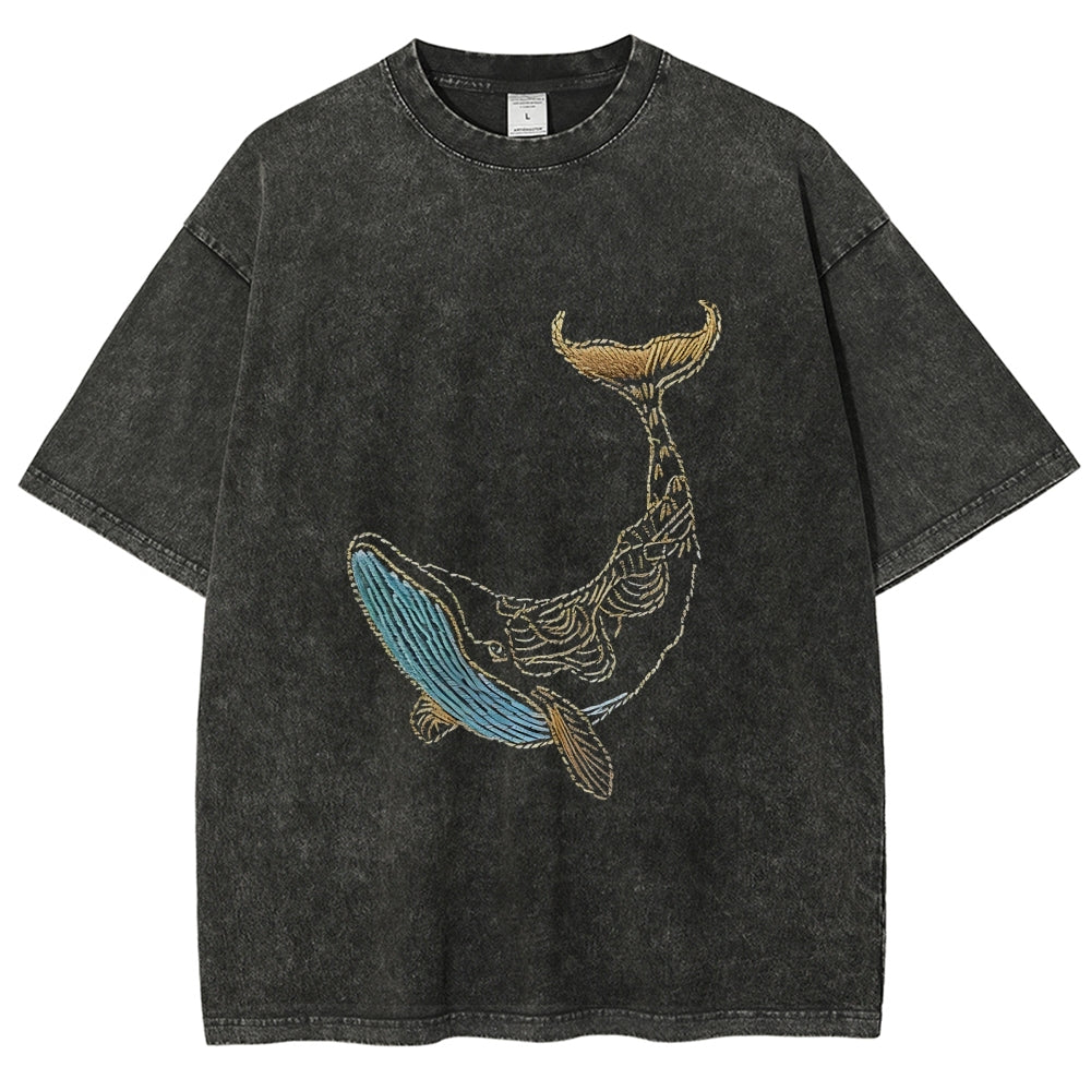 Whale Embroidery Pattern Casual Cotton T-Shirt