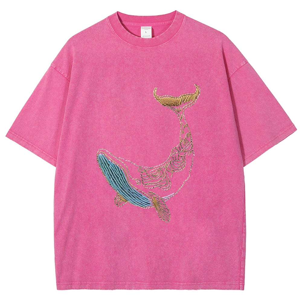 Whale Embroidery Pattern Casual Cotton T-Shirt