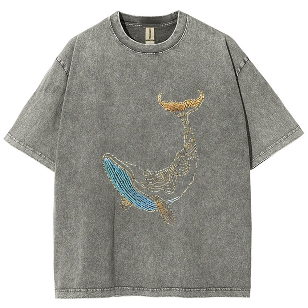 Whale Embroidery Pattern Casual Cotton T-Shirt