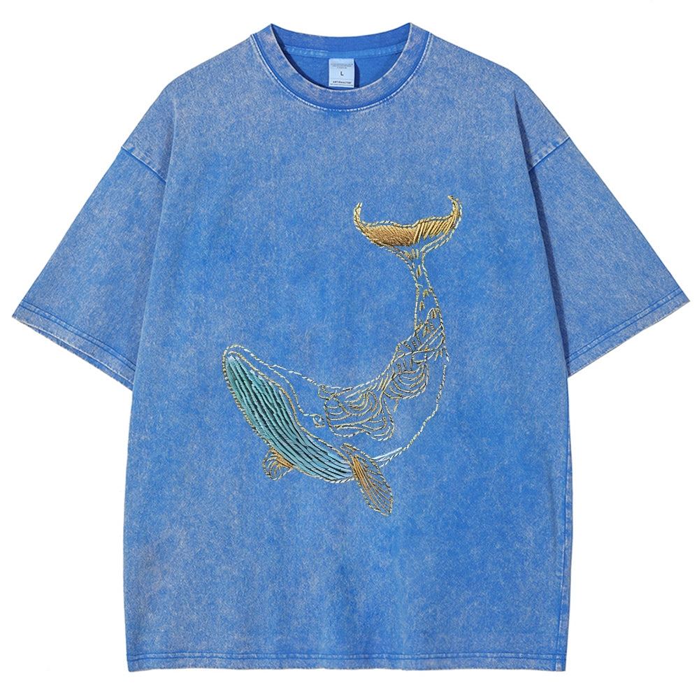 Whale Embroidery Pattern Casual Cotton T-Shirt
