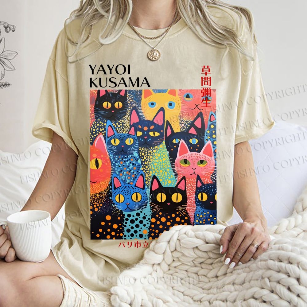 Unisex Yayoi Kusama Polka Dot Cat Printed Washed Tee