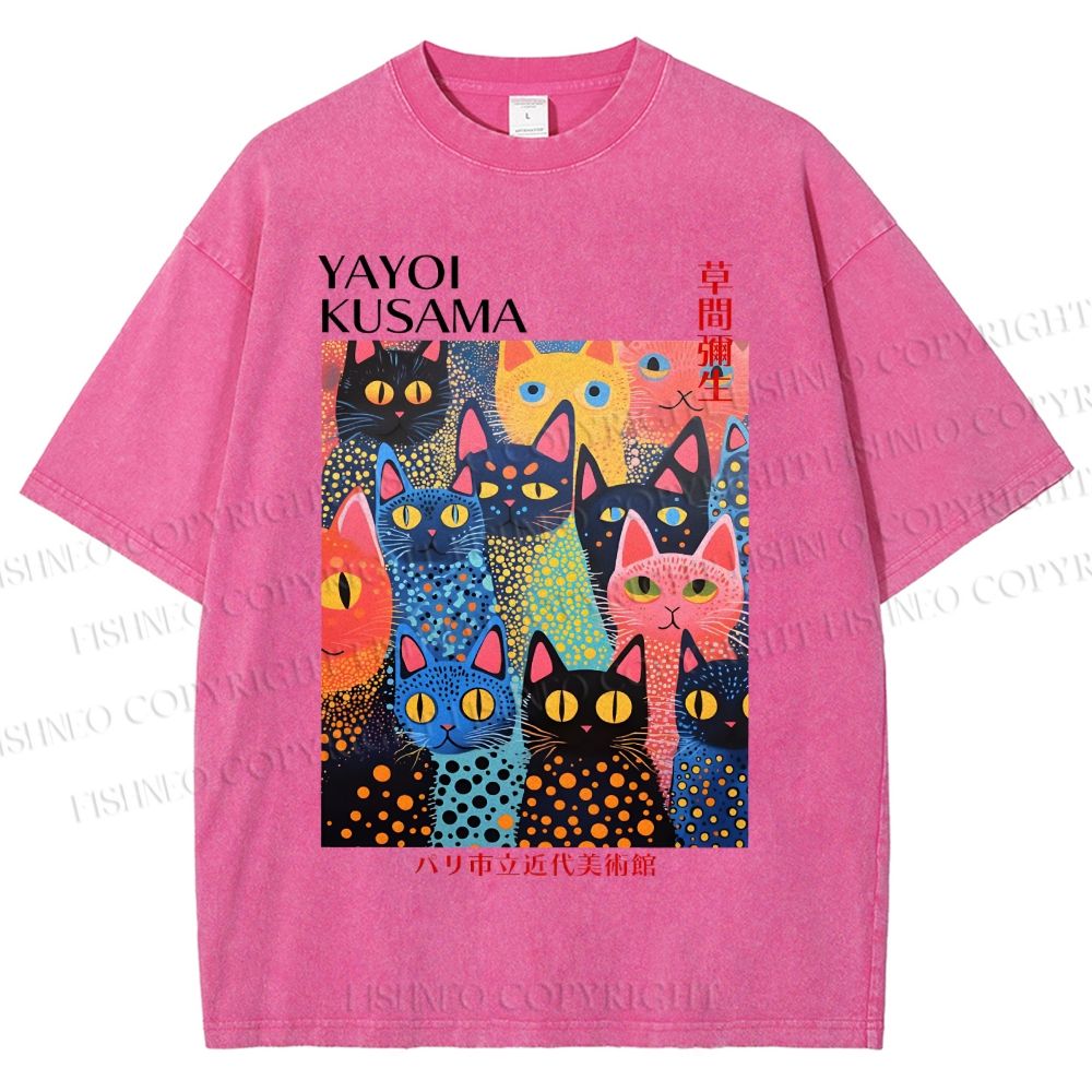 Unisex Yayoi Kusama Polka Dot Cat Printed Washed Tee