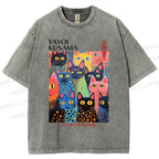 Unisex Yayoi Kusama Polka Dot Cat Printed Washed Tee