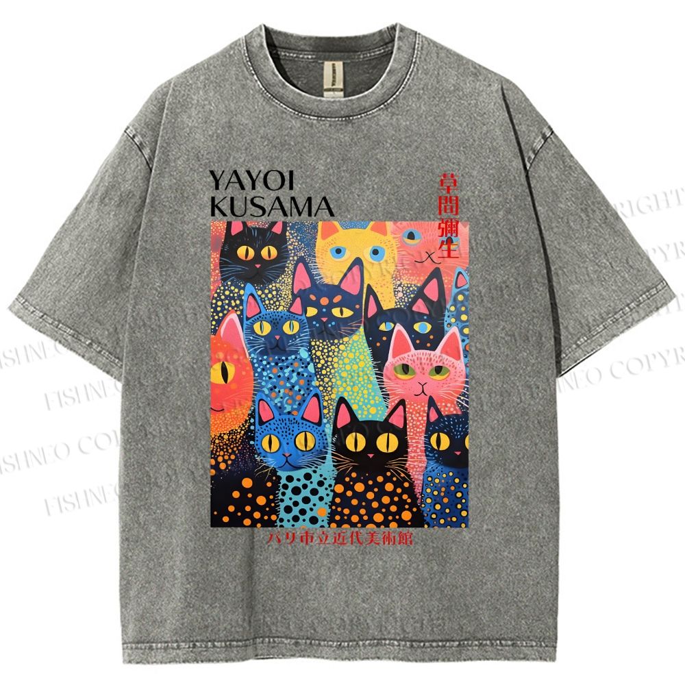 Unisex Yayoi Kusama Polka Dot Cat Printed Washed Tee