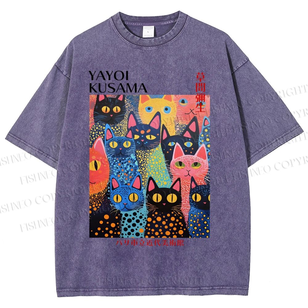 Unisex Yayoi Kusama Polka Dot Cat Printed Washed Tee