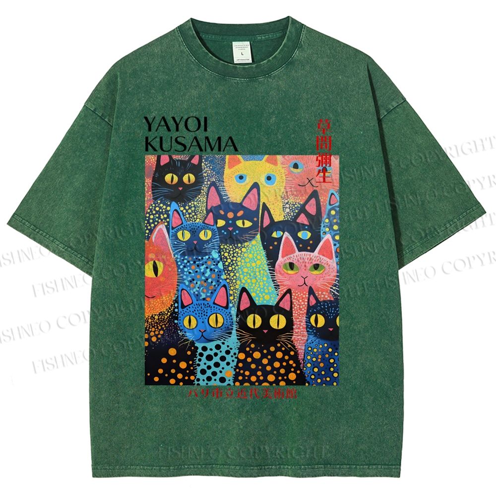 Unisex Yayoi Kusama Polka Dot Cat Printed Washed Tee