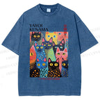 Unisex Yayoi Kusama Polka Dot Cat Printed Washed Tee
