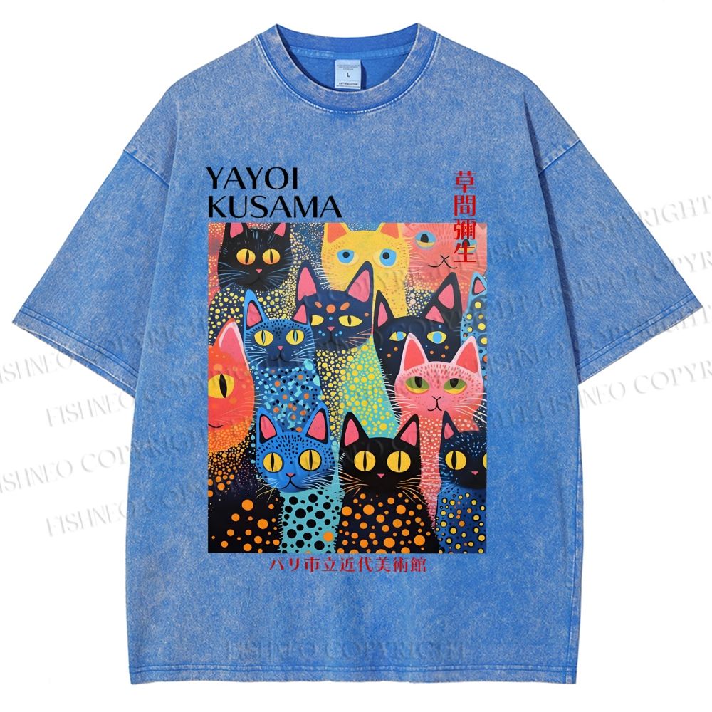 Unisex Yayoi Kusama Polka Dot Cat Printed Washed Tee