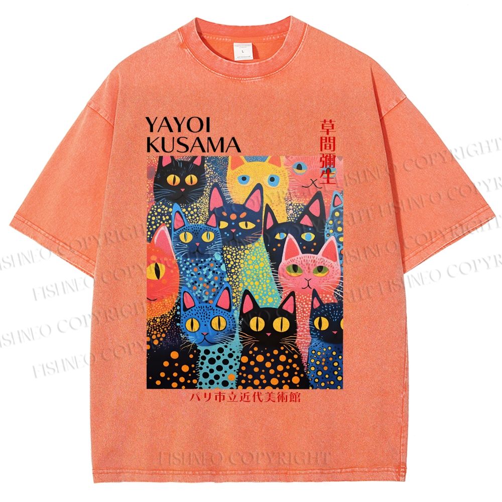 Unisex Yayoi Kusama Polka Dot Cat Printed Washed Tee