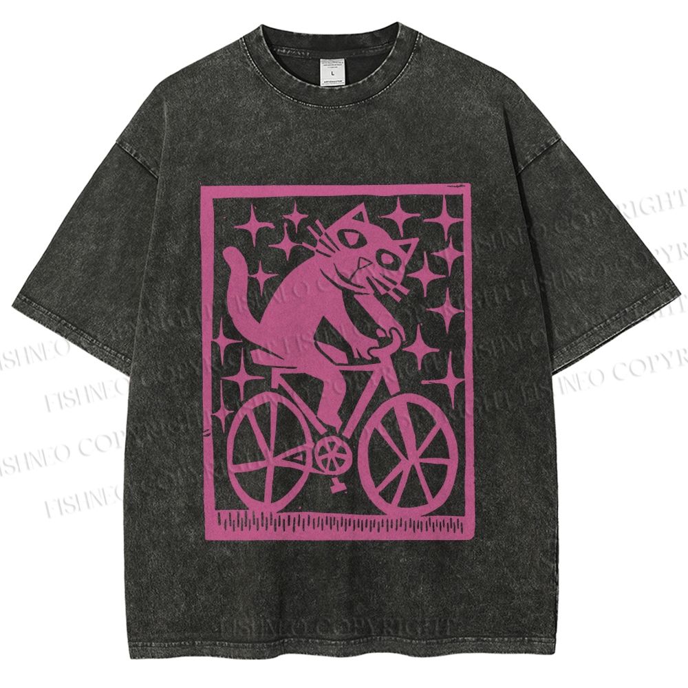 Unisex Vintage Silly Cat Printed Washed Tee