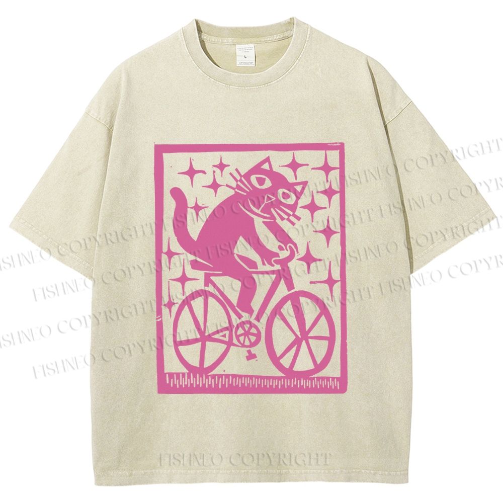 Unisex Vintage Silly Cat Printed Washed Tee