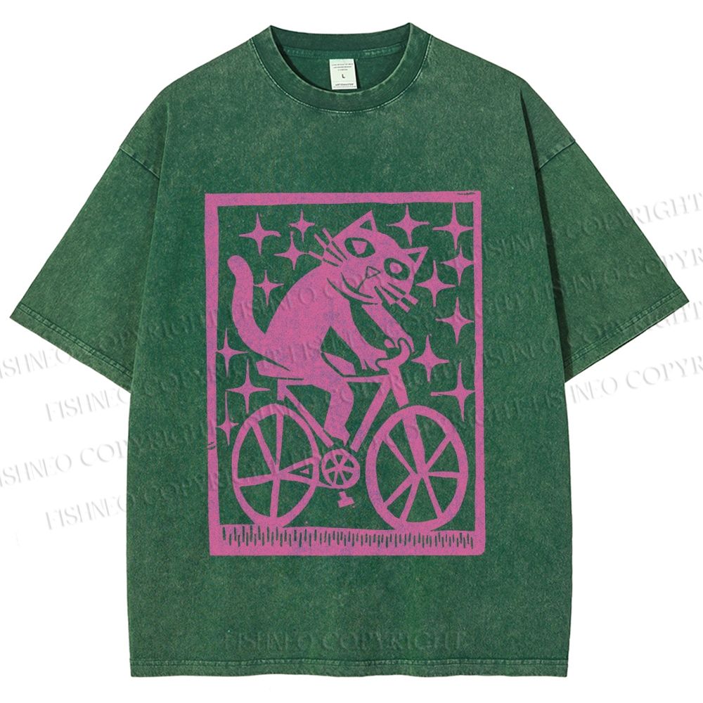 Unisex Vintage Silly Cat Printed Washed Tee