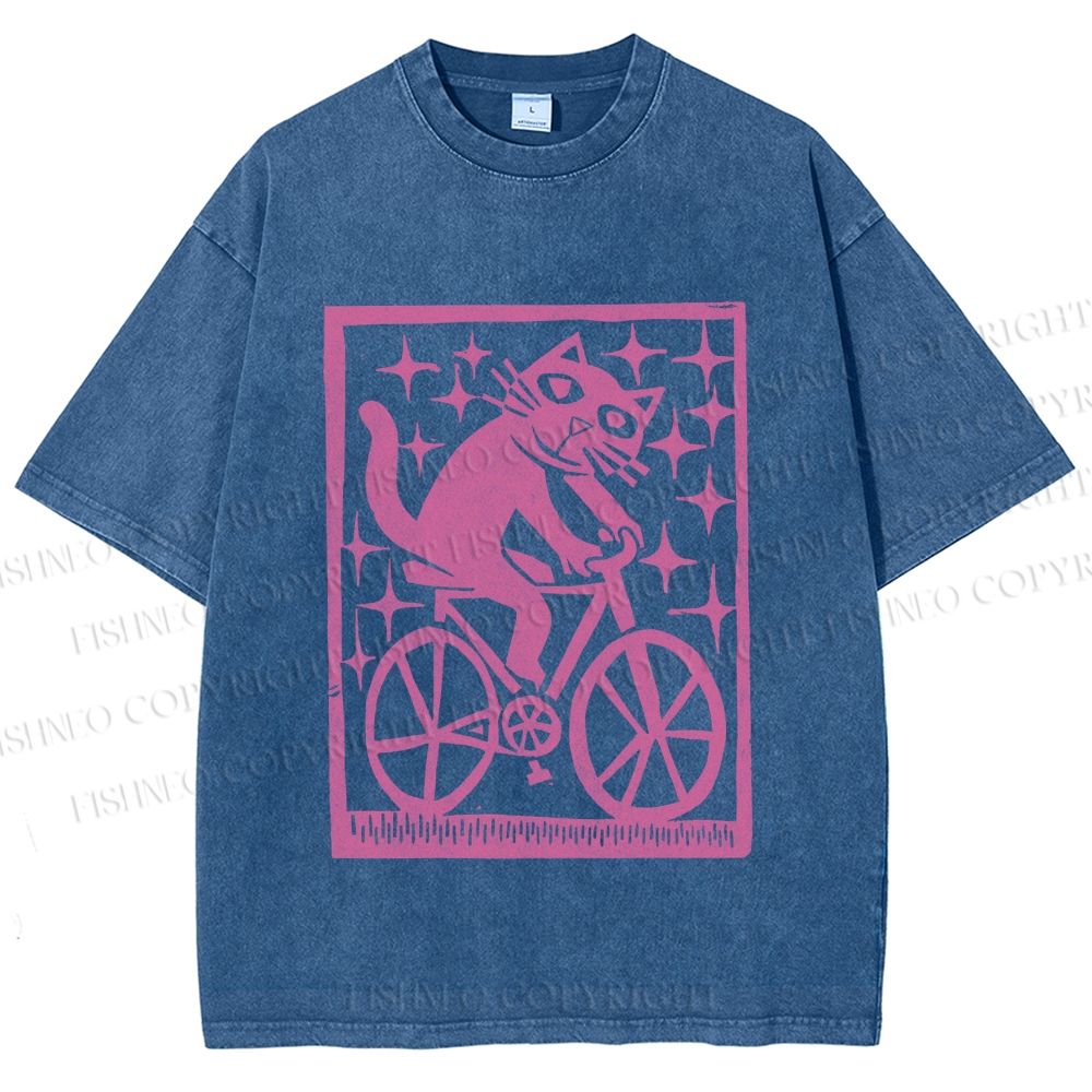 Unisex Vintage Silly Cat Printed Washed Tee