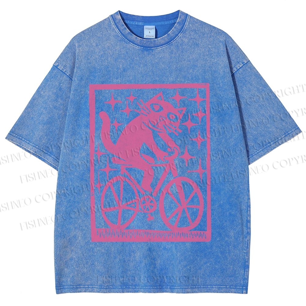 Unisex Vintage Silly Cat Printed Washed Tee