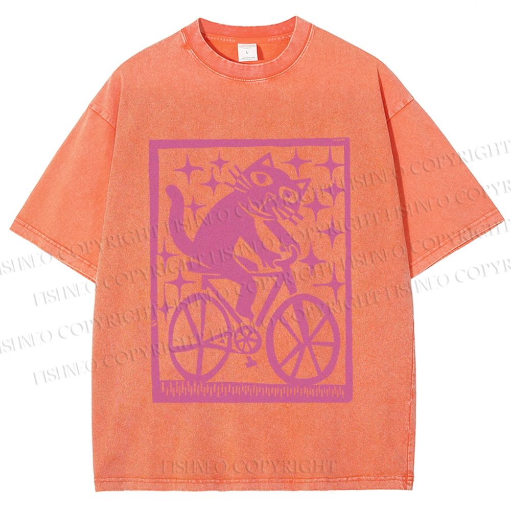 Unisex Vintage Silly Cat Printed Washed Tee