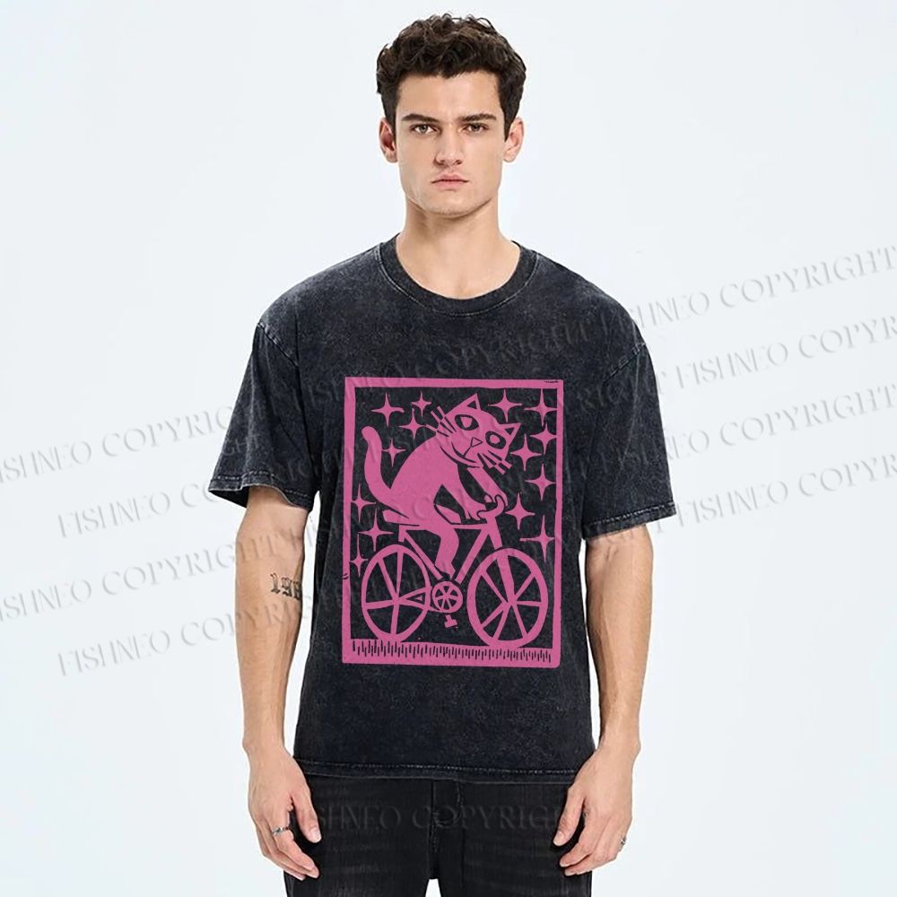 Unisex Vintage Silly Cat Printed Washed Tee