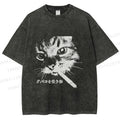 Unisex Japanese Cat Smoking Printed Washed Tee