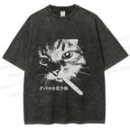 Unisex Japanese Cat Smoking Printed Washed Tee
