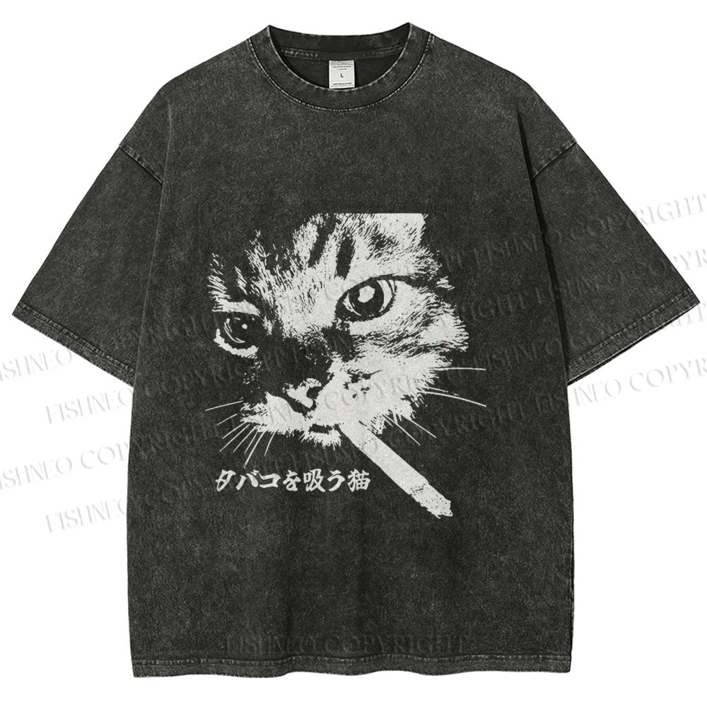 Unisex Japanese Cat Smoking Printed Washed Tee