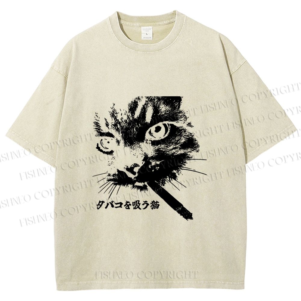 Unisex Japanese Cat Smoking Printed Washed Tee