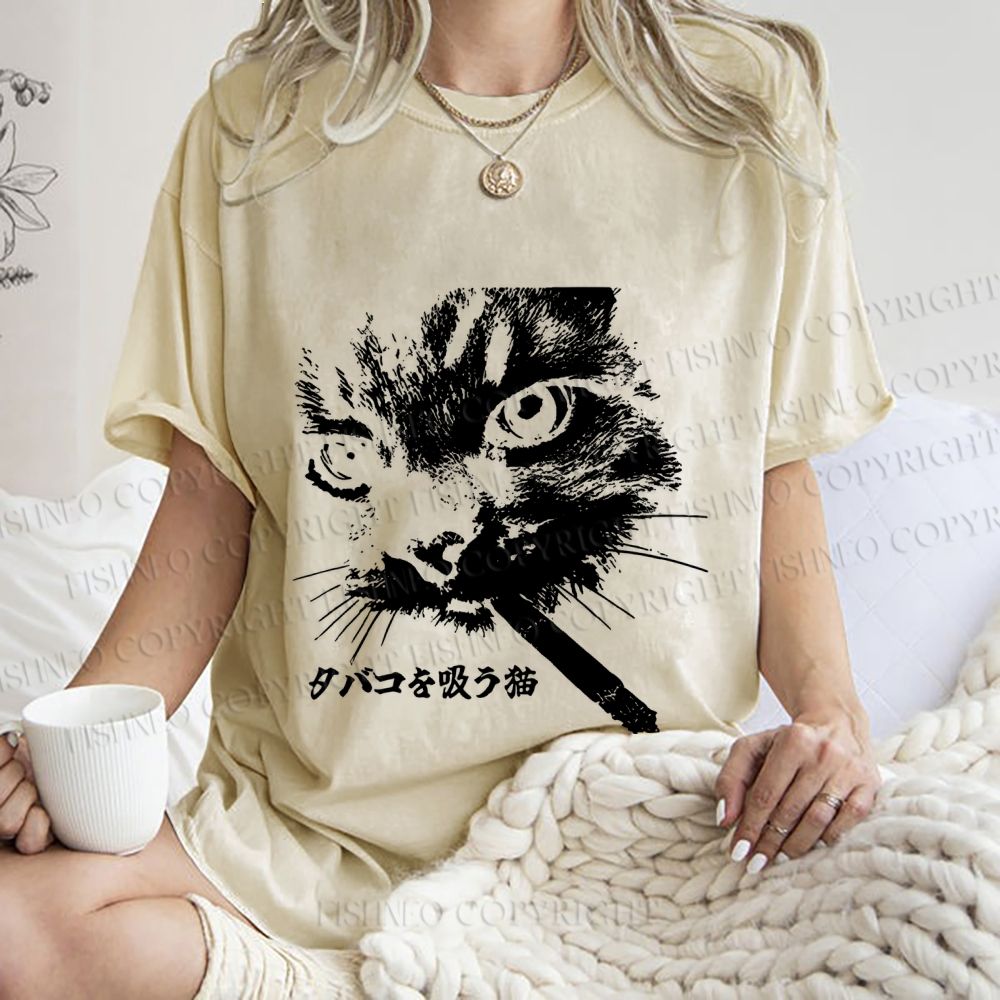 Unisex Japanese Cat Smoking Printed Washed Tee