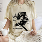 Unisex Japanese Cat Smoking Printed Washed Tee