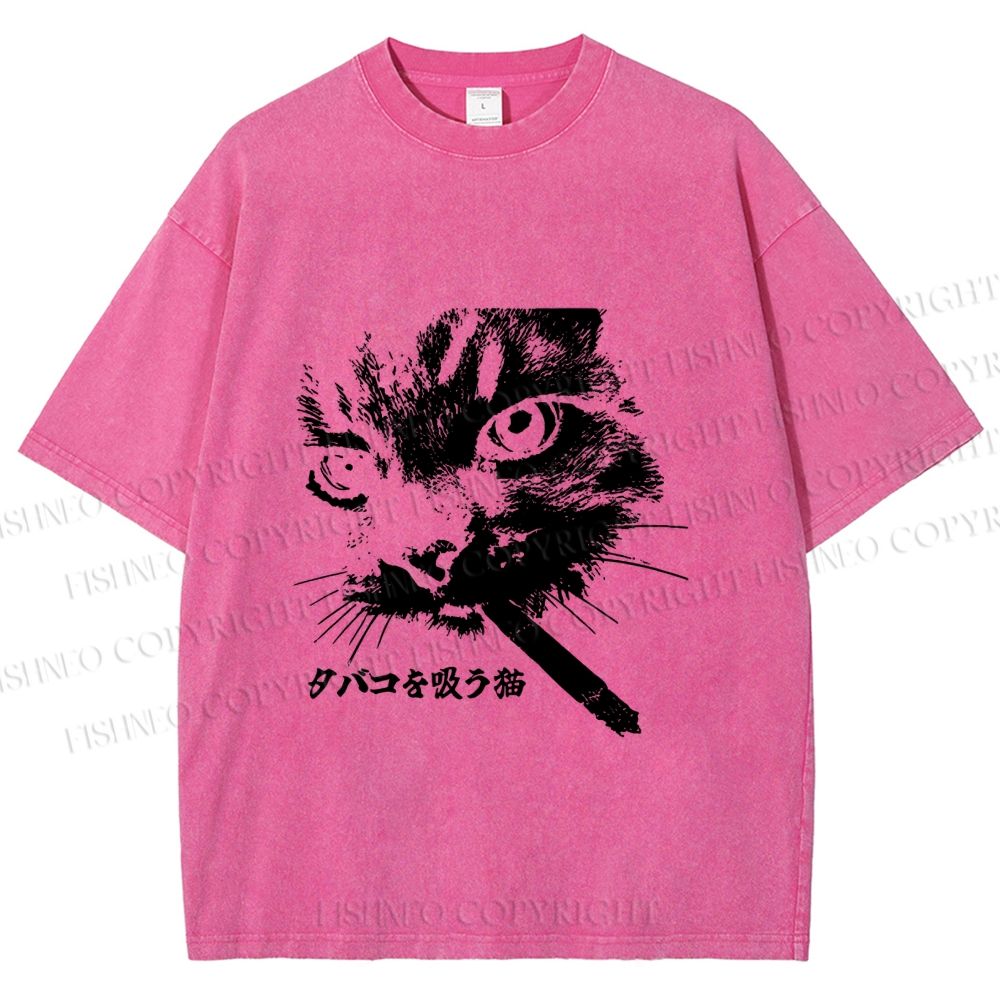 Unisex Japanese Cat Smoking Printed Washed Tee