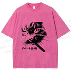 Unisex Japanese Cat Smoking Printed Washed Tee
