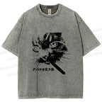 Unisex Japanese Cat Smoking Printed Washed Tee