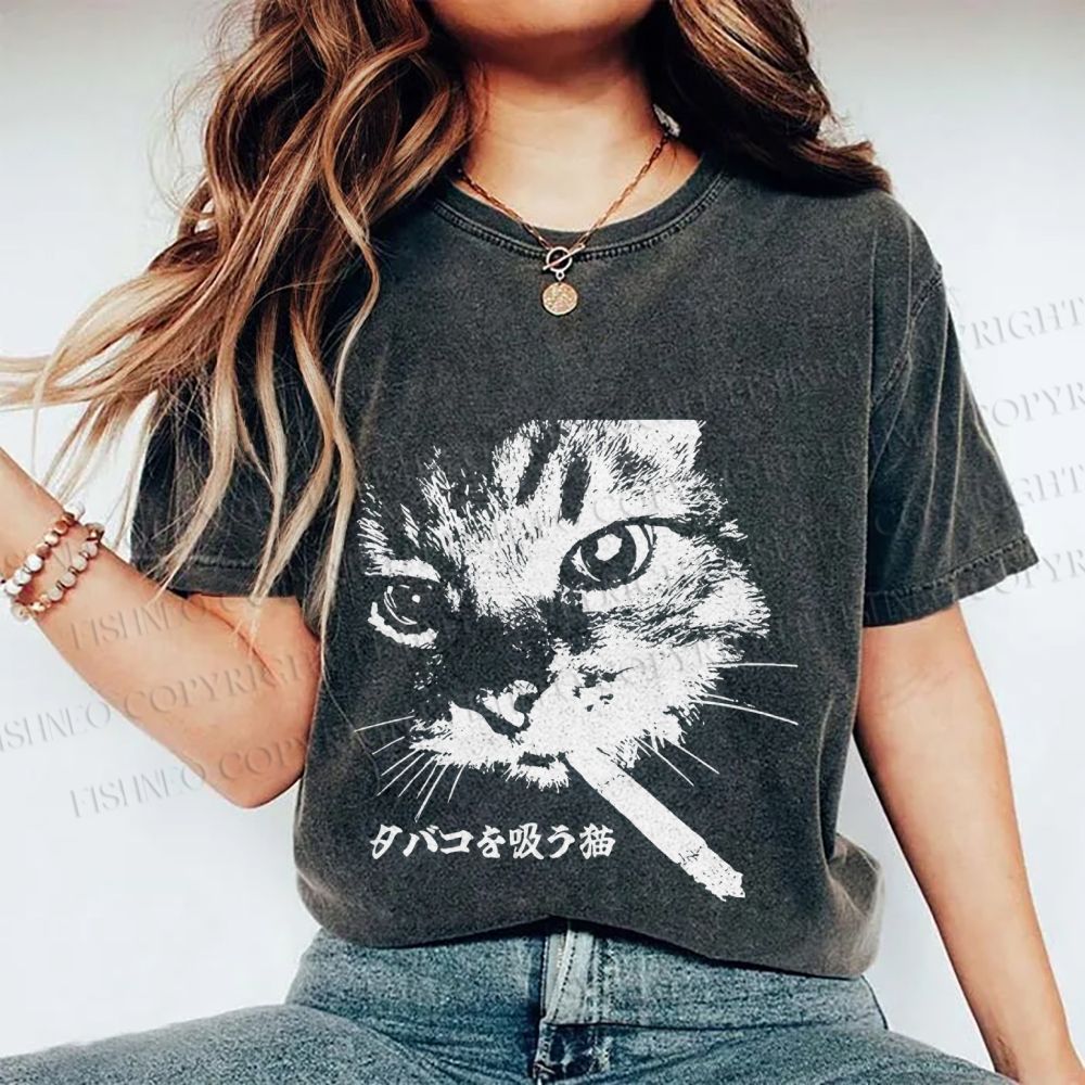 Unisex Japanese Cat Smoking Printed Washed Tee