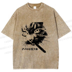 Unisex Japanese Cat Smoking Printed Washed Tee