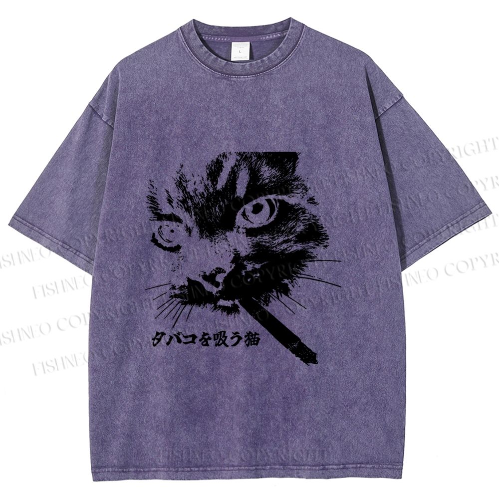 Unisex Japanese Cat Smoking Printed Washed Tee
