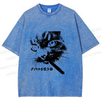 Unisex Japanese Cat Smoking Printed Washed Tee