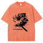 Unisex Japanese Cat Smoking Printed Washed Tee