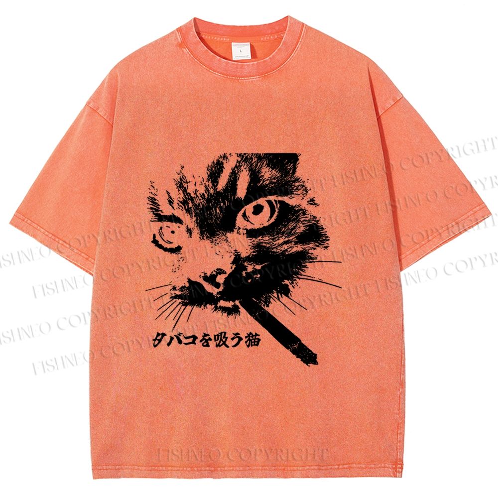 Unisex Japanese Cat Smoking Printed Washed Tee